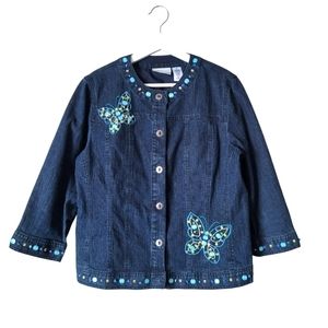ALFRED Dunner Vintage Beaded Butterfly Jean Jacket Size SP